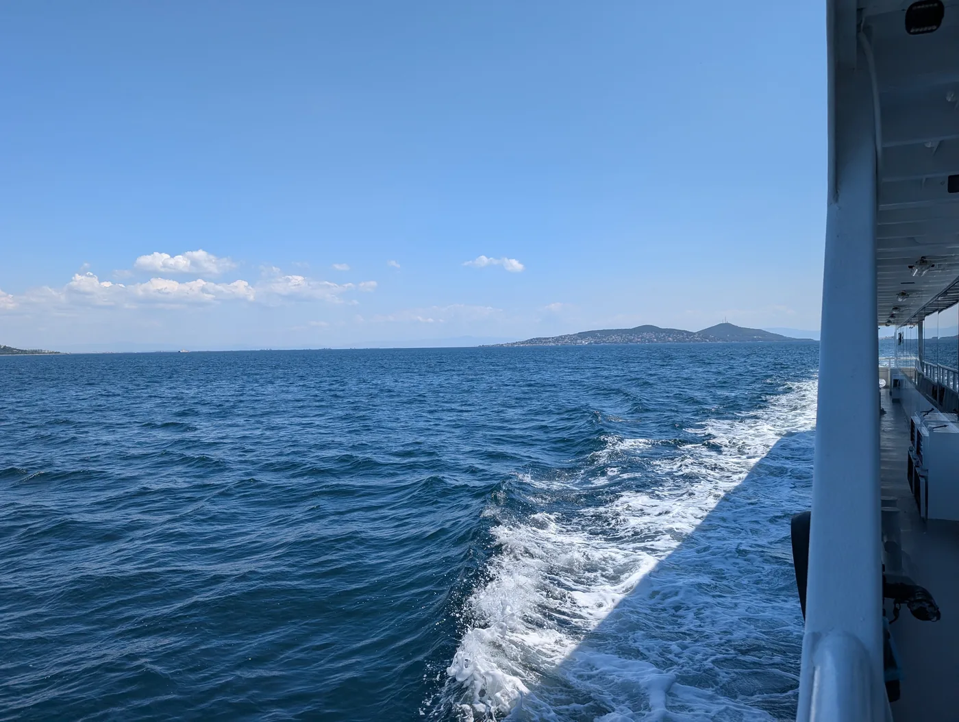 Büyükada island view approaching from municipal passenger ferry across Marmara Sea